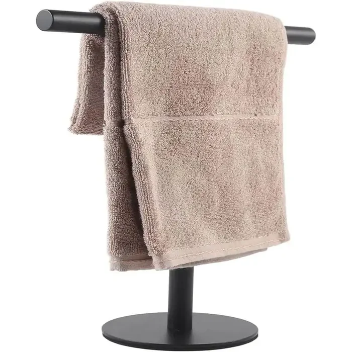 1 Free Standing T-Shaped Round Bottom Stainless Steel Towel Rack in Black