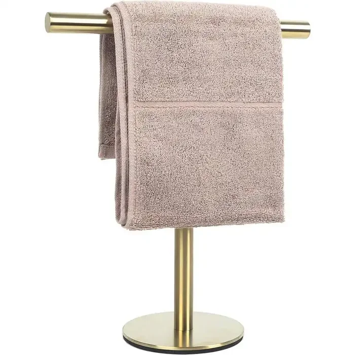 1 Free Standing T-Shaped Round Bottom Stainless Steel Towel Rack in Gold