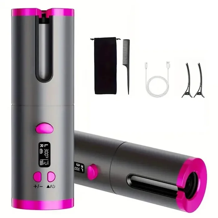 10.63 in. x 7.48 in. x 3.15 in. Automatic Portable Cordless Hair Curler w/6 Temperature and Timer Settings in Pink Gray