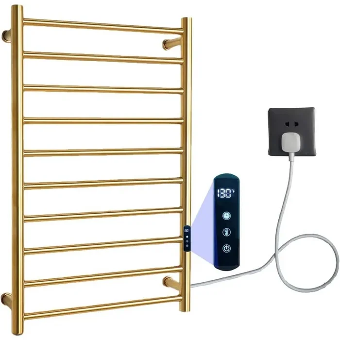10-Bar Round Bar Plug-In/Hardwired Towel Warmer Smart Touch Screen Digital Display Waterproof in Gold