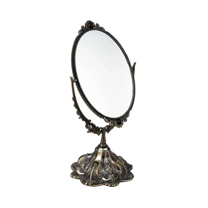 11.2in. Oval Swivel Double Sided Metal with Stand Elegant Tabletop Bathroom Makeup Mirror in Bronze
