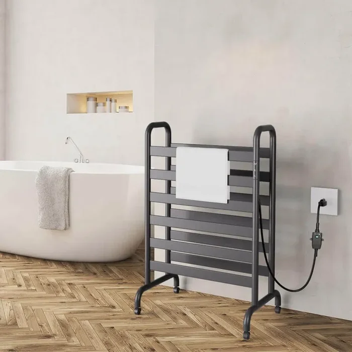 12-Bar Freestanding ﻿Double-Deck Electric Plug-in Towel Warmer Heated Towel Rack for Bathroom in Matte Black