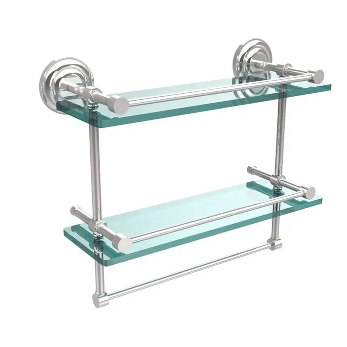 16 in. L x 12 in. H x 5 in. W 2-Tier Gallery Clear Glass Bathroom Shelf with Towel Bar in Polished Chrome