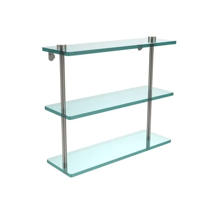16 in. L x 15 in. H x 5 in. W 3-Tier Clear Glass Bathroom Shelf in Satin Nickel