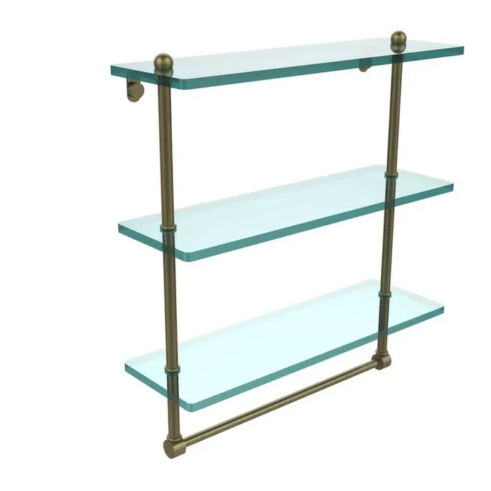 16 in. L x 18 in. H x 5 in. W 3-Tier Clear Glass Bathroom Shelf with Towel Bar in Antique Brass