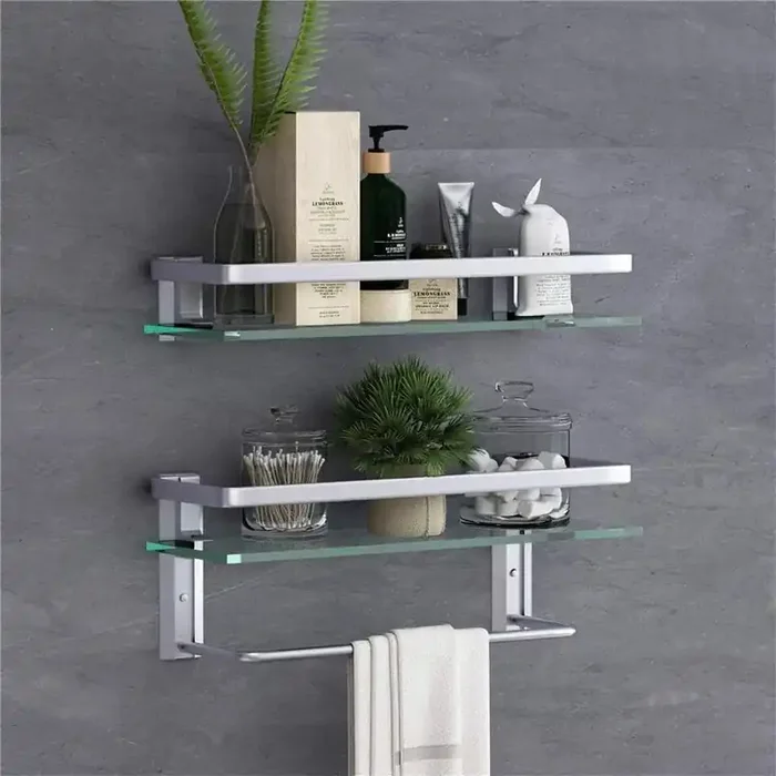 2 Pcs 4.88 in. W x 8.7 in. H x 15.74 in. D Glass Rectangular Bath Shower Shelf in Sliver, One of them with Towel Holder