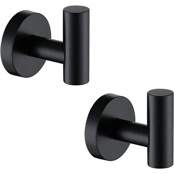 2-Piece Stainless Steel J-Hook Robe/Towel Hook with Round Mount Post in Matte Black