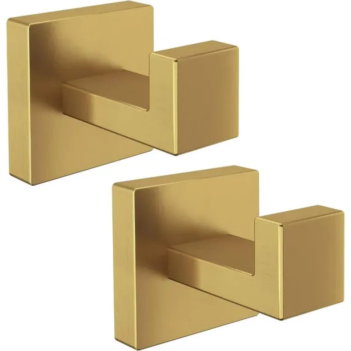 2-Piece Stainless Steel J-Hook Robe/Towel Hook with Square Mount Post in Brushed Gold