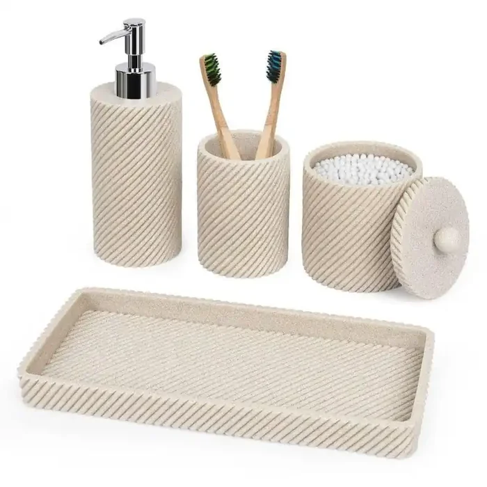 4-Piece Bathroom Accessory Set with Toothbrush Holder, Vanity Tray, Soap Dispenser, Qtip Holder in Beige