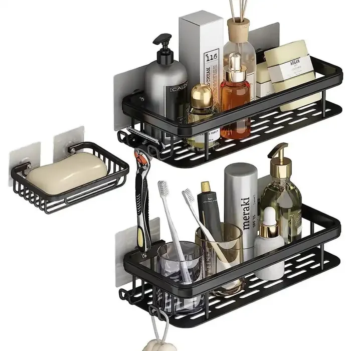 5.2 in. W x 2 in. H x 11.8 in. D Aluminum Rectangular Shower Shelf in Black with A Soap Holder Shelf and Hooks