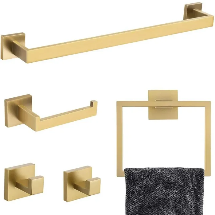 5-Piece Bath Hardware Set Bathroom Accessories Set with Toilet Paper Holder, Hooks, Towel Rack in Brushed Gold