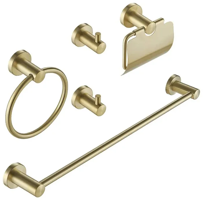 5-Piece Bathroom Hardware Set with Towel Bar Set 304 Stainless Steel 5-Piece Bathroom Accessories Set in Brushed Gold