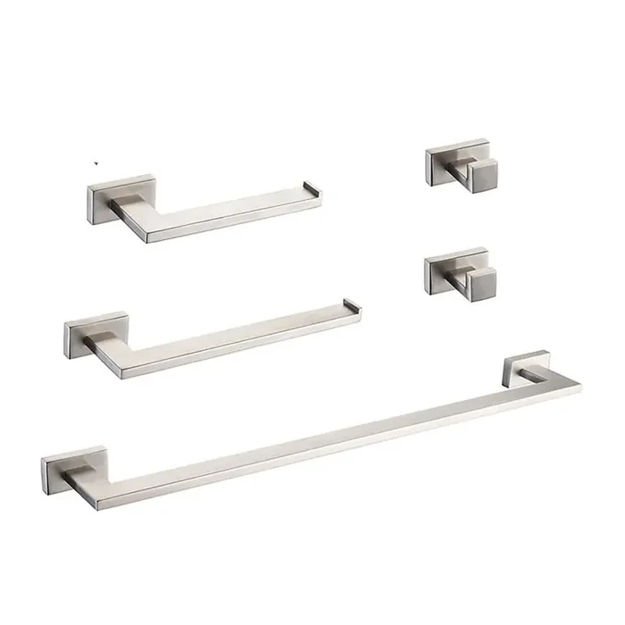 5-Piece Stainless Steel Bathroom Hardware Set, Towel Bar, Toilet Paper Holder and Hooks in Brushed Nickel
