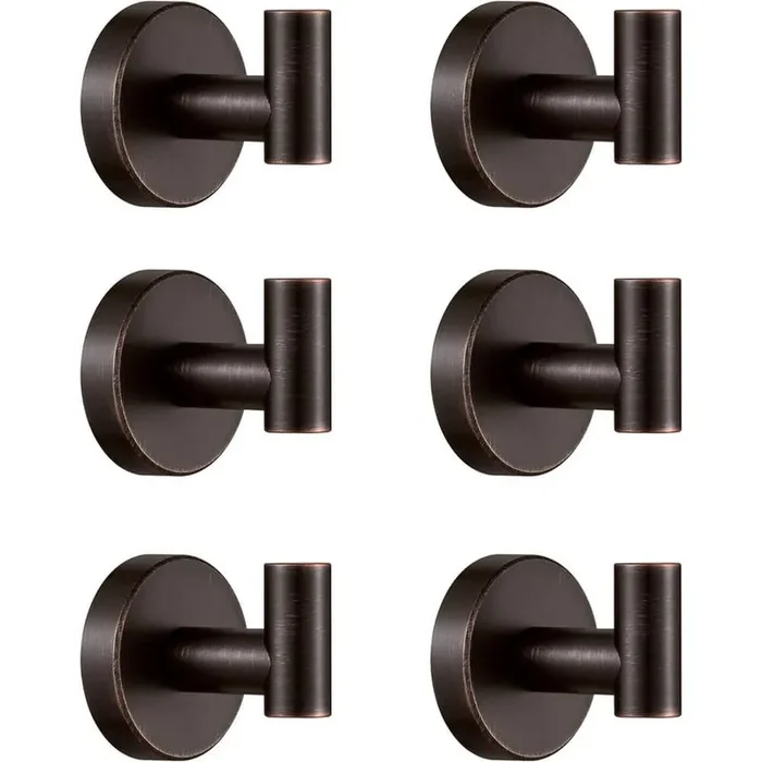 6-Piece Stainless Steel J-Hook Robe/Towel Hook with Round Mount Post in Oil Rubbed Bronze