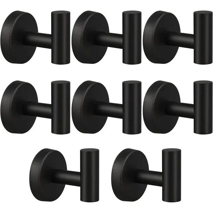 8-Piece Stainless Steel J-Hook Robe/Towel Hook with Round Mount Post in Matte Black