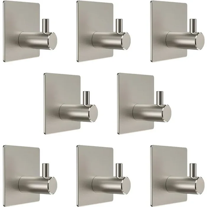 8-Piece Stainless Steel J-Hook Robe/Towel Hook with Square Mount Post in Brushed Nickel