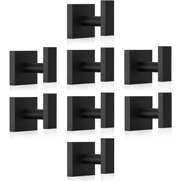 8-Piece Stainless Steel J-Hook Robe/Towel Hook with Square Mount Post in Matte Black