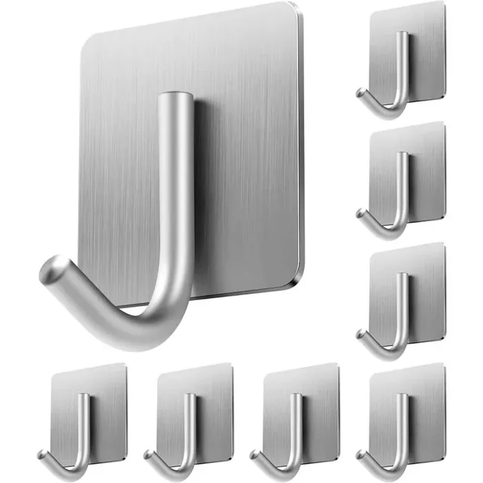 8-Piece Stainless Steel J-Hook Robe/Towel Hook with Square Mount Post in Polished Chrome