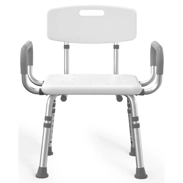 Aluminum Shower Seat with Arms and Back in White, Height Adjustable Safety Bath Seat for Elderly and Disabled