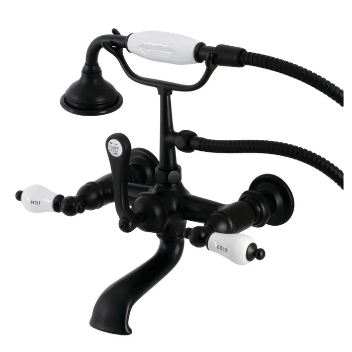 Aqua Vintage AE555T0 Three-Handle 2-Hole Tub Wall Mount Clawfoot Tub Faucet with Hand Shower, Matte Black