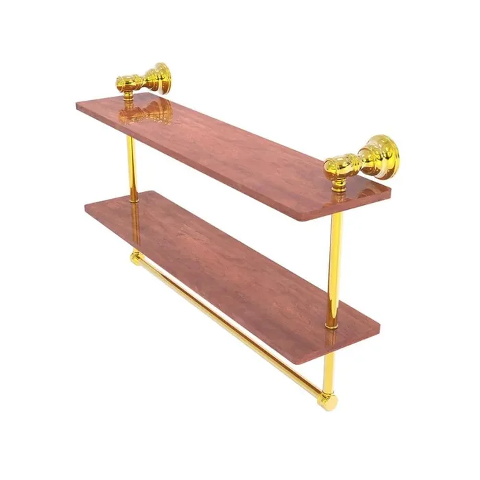 Carolina Collection 22 in. W 9.5 in. H x 5.54 in. D Brass Rectangular Double Wood Shelf with Towel Bar in Polished Brass