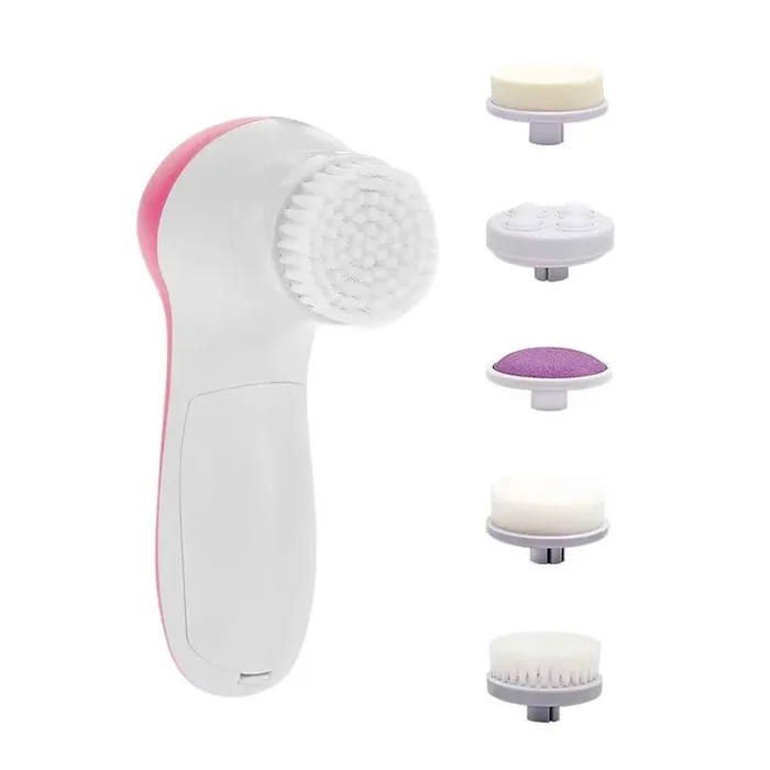 Electric Facial Cleansing Brush with 5 Different Brush Head, 360 Degree Rotation, Pink
