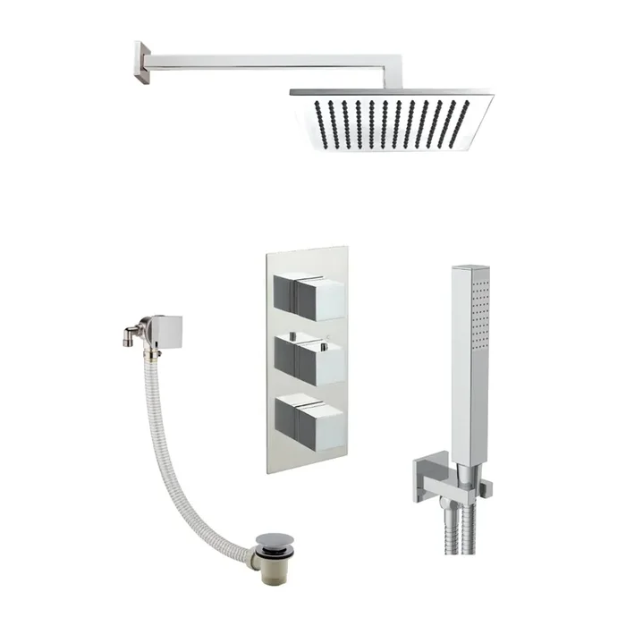 JTP Athena 3 Outlet Square Thermostatic Concealed Shower Valve & Shower Arm,Overhead Shower,Click Clack Exofil Chrome