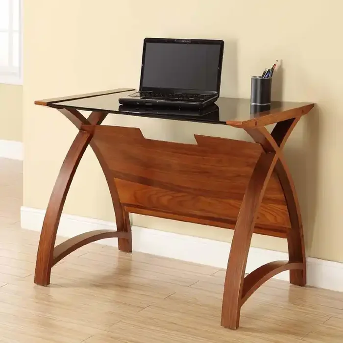 Jual Helsinki Curved 900mm wide Laptop Table in Walnut and Black Glass