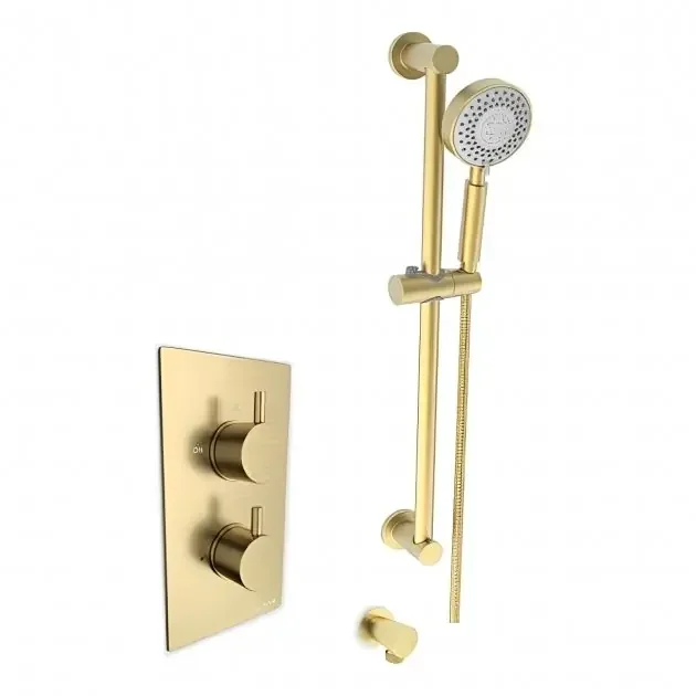 Kartell Ottone 1 Outlet 2 Handle Thermostatic Concealed Shower Valve With Adjustable Slide Rail Kit And Outlet Elbow – Brushed Brass