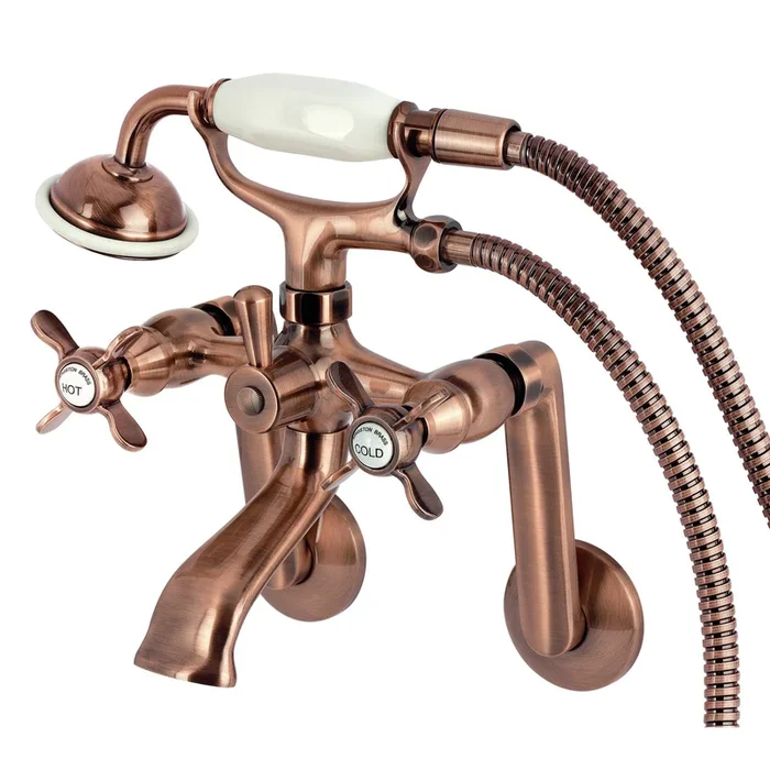 Kingston KS289AC Three-Handle 2-Hole Tub Wall Mount Clawfoot Tub Faucet with Hand Shower, Antique Copper