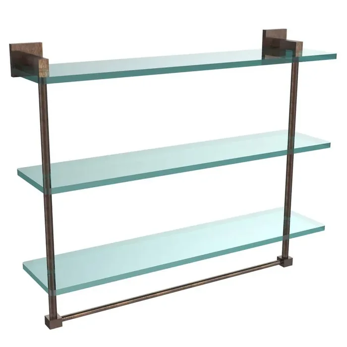 Montero 16 in. L x 18 in. H x 6-1/4 in. W 3-Tier Clear Glass Bathroom Shelf with Towel Bar in Venetian Bronze