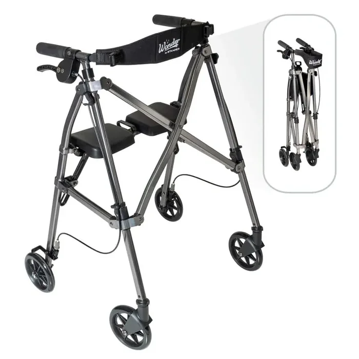 Space Saver Rollator, Lightweight 4-Wheel Folding Walker with Seat and Brakes in Black Walnut