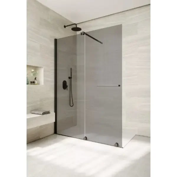 Tissino Armano Grey Glass Roller Panel With Matt Black Profile and Stabilising Bar