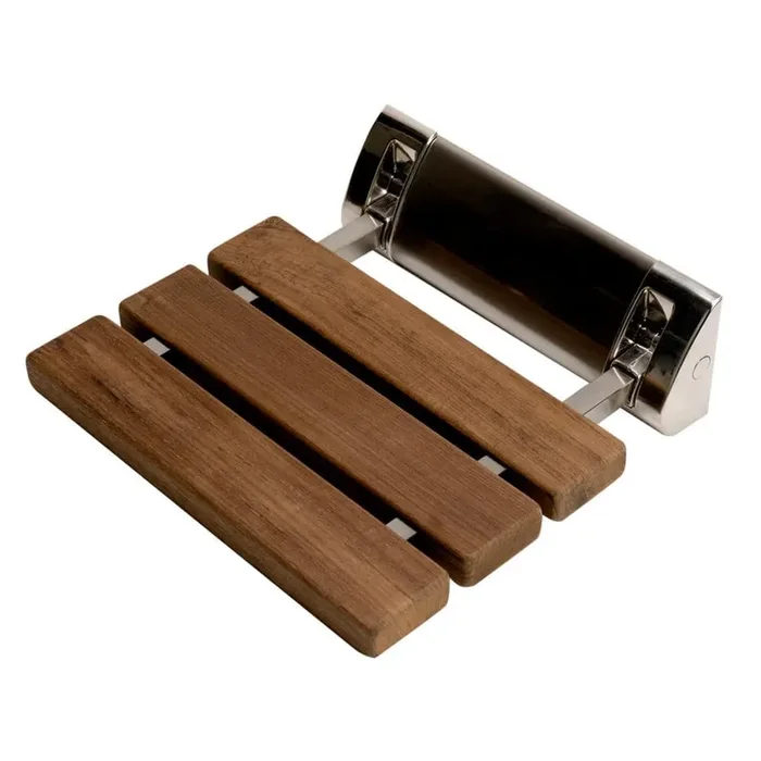 Wall-Mounted Shower Seat with Brushed Nickel Joints in Natural Wood