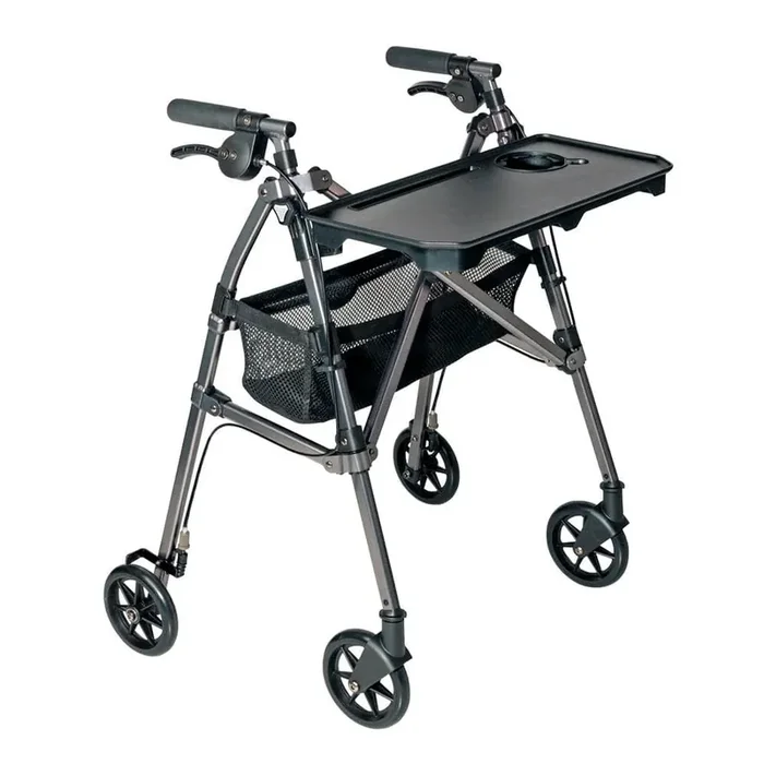 Wonder Indoor Rollator, 4-Wheel Lightweight Folding Walker with Tray in Black Walnut
