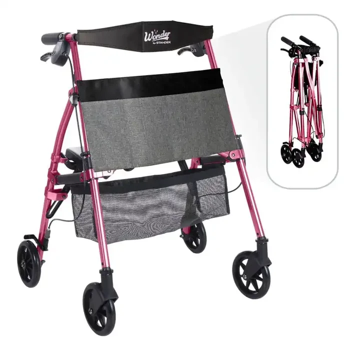 Wonder Rollator Plus Short, Lightweight Junior Folding Four Wheel Walker with Seat for Seniors in Regal Rose